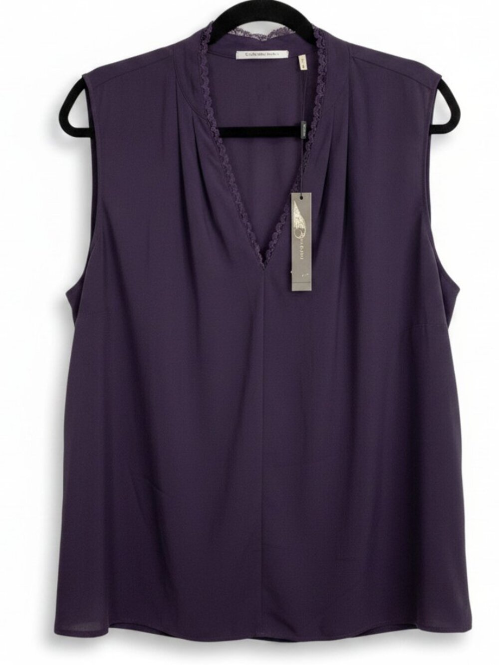 New with tags Tahari V-Neck Sleveless Aubergine Top XL Lace Edge Neck NWT Plum